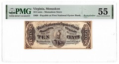 1868 10c Ten Cent First National Oyster Bank Remainder Note Monaskon VA PMG 55