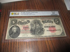 1907 $5 RED SEAL LEGAL TENDER «WOODCHOPPER» GRADED PCGS 25
