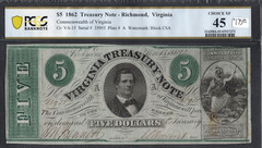 $5- 1862 Treasury Note- Richmond, Va- Choice XF 45