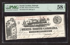 1863 $5 Red «Fundable» Raleigh, North Carolina Obsolete Note – PMG 58 EPQ