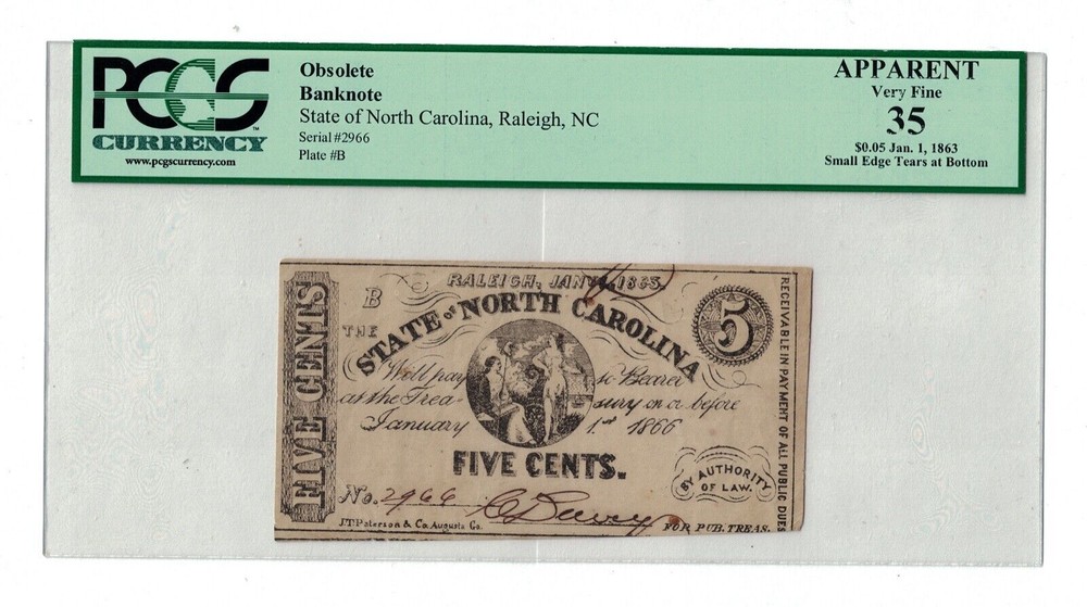 🇺🇸 1866 5 CENTS OBSOLETE BANKNOTE STATE OF NORTH CAROLINE, RALEIGH. NC 🇺🇸
