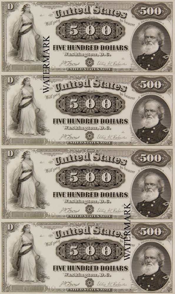 Fr 185m $500 1880 Treasury Note Gen. Joseph King Mansfield Currency Sheet REPRO