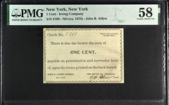 1875 1 CENT New York, NY Irving Company PMG 58 RARE, Possibly Unique