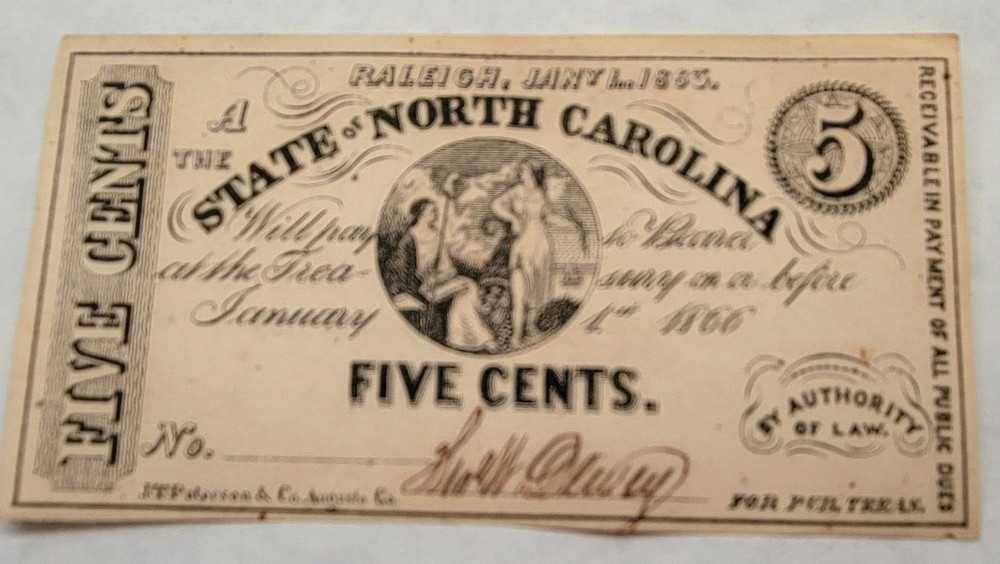 1863 State of Raleigh, NC 5 Cents CRNC148 Obsolete Currency 22029