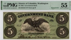 1862 $5 Government Bank Washington DC Obsolete Remainder Note – AU55