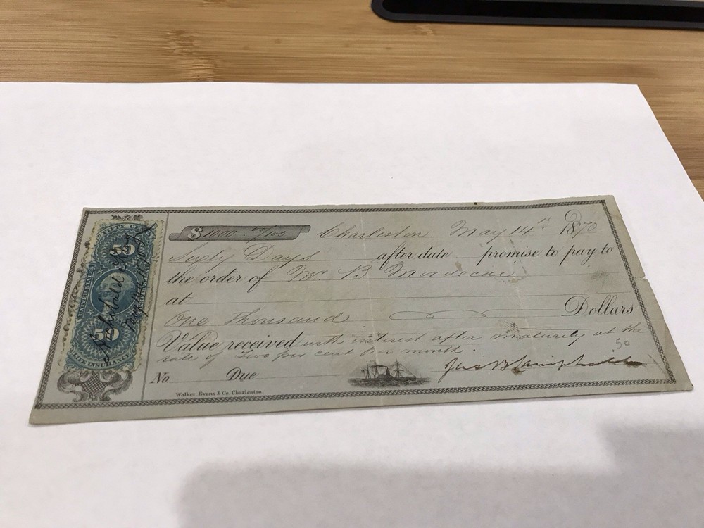 A&O-Charleston,South Carolina 1870 Promissory Note W.B. Mordicie-Archibald King