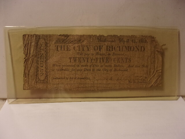 Authentic Confederate Obsolete City of Richmond 25 Cents Note Curency1862
