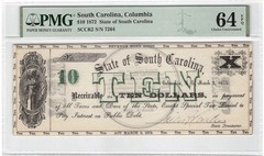 1872 SOUTH CAROLINA Columbia, $10 State Banknote Obsolete Currency, PMG ChUNC 64