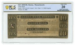 1853 Globe Bank Boston MA $10 Obsolete PCGS 20 MA210-G50 SENC VERY RARE (65709)