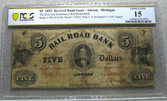 1853 $5 Revived Bank Issue Adrian Michigan MI-10-G34b Paper Money VF-15 PCGS 250
