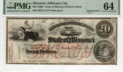 Missouri State Note 1860s $20 – CR-21A – CSA – PMG Choice Unc 64 – Civil War!