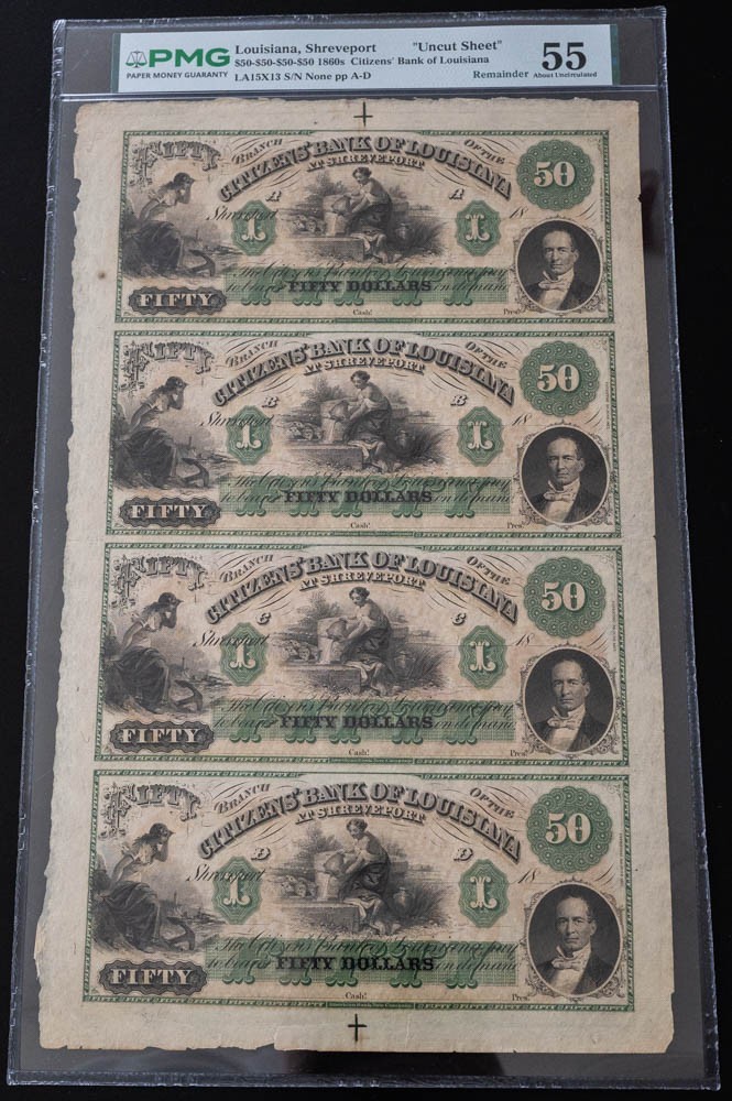 1860s $50 Uncut Sheet Shreveport Citizens Bank of Louisiana AU55 PMG 950722-10