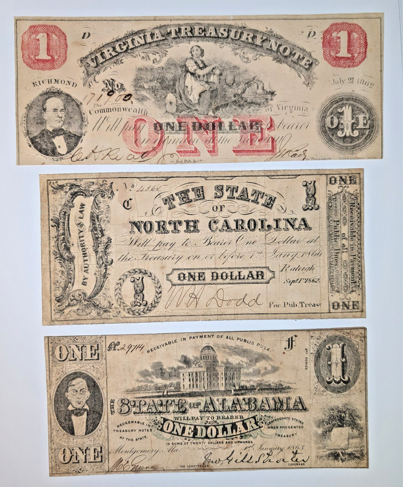 Three Different Civil War Southern State $1 Notes