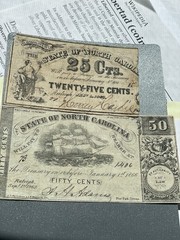 North Carolina Two notes 1862. 1863 50, 25 Cents Civil War Currency Redeem 1866