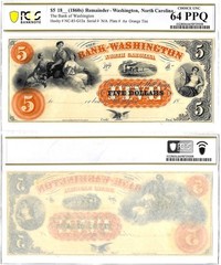 1860’s $5 Bank Of Washington North Carolina Remainder PCGS Choice UNC 64PPQ