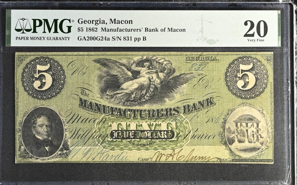 1862 $5 Georgia Manufacturers Bank Of Macon GA200G24a – PMG 20 VF