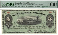 1873 $5 South Carolina Railroad, Charleston Obsolete – PMG 66 EPQ! Superb GEM+