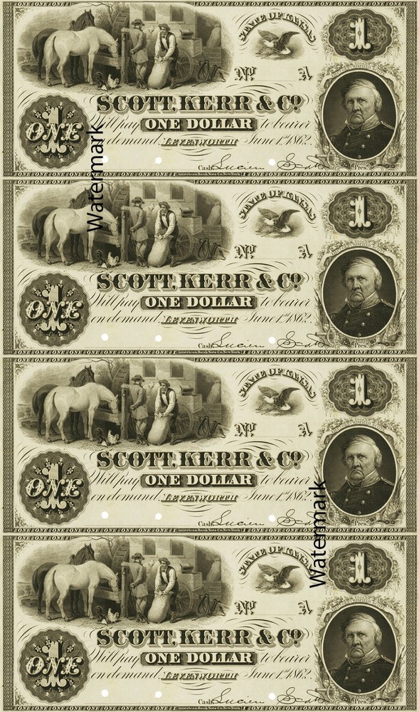Levenworth KS – Scott Kerr Co $1 Obsolete Currency Sheet REPRO Winfield Scott