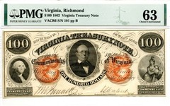 $100 1862 RICHMOND VA TREASURY NOTE PMG 63 SLIGHT DISCLORATION. FREE SHIP. FIRM