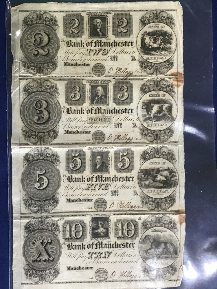 1837 Manchester Michigan Uncut Unissued Set of 4 Broken Bank Notes $2, 3, 5, 10