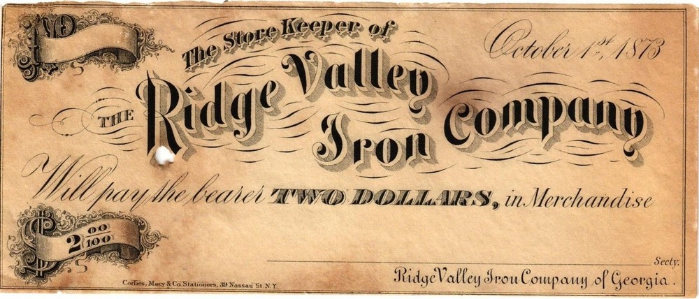 1870’s $2.00 RIDGE VALLEY STORE GEORGIA OBSOLETE NOTE