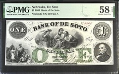 1863 $1 Bank Of De Soto Nebraska Obsolete Bank Note PMG 58 EPQ