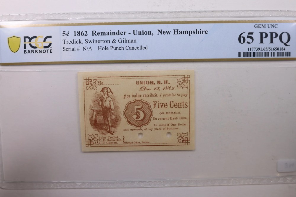 1862 5 Cents Tredick, Swinerton & Gilman, New Hampshire, PCGS CU-65 PPQ #GNH002.