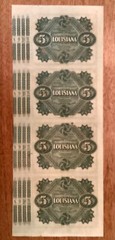 ~ 1870’s $5 Five Dollars State of Louisiana Baby Bond – Uncut Sheet of 4 Notes