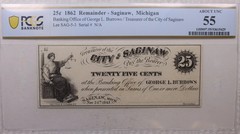 1862 25 Cent Saginaw, MI, George L. Burrows, Treasurer, PCGS AU55, Store#GMI0125