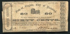 1862 60 SIXTY CENTS STATE OF VIRGINIA, CITY OF RICHMOND OBSOLETE SCRIP NOTE (Y)