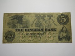 $5 1860 Hingham Massachusetts Obsolete Currency Bank Note Bill -The Hingham Bank