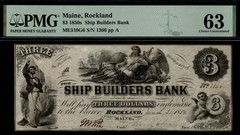 1854 $3 SHIP BUILDERS BANK, Rockland, ME PMG Choice UNC 63 Broken Banknote!