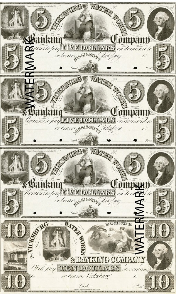 $5-$5-$5-$10 Vicksburg Waterworks Banking Co. MS Obsolete Currency Sheet REPRO