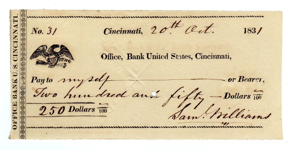 1831 Office Bank U.S. Cincinnati, Ohio Check AU