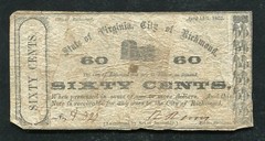 1862 60 SIXTY CENTS STATE OF VIRGINIA, CITY OF RICHMOND OBSOLETE SCRIP NOTE