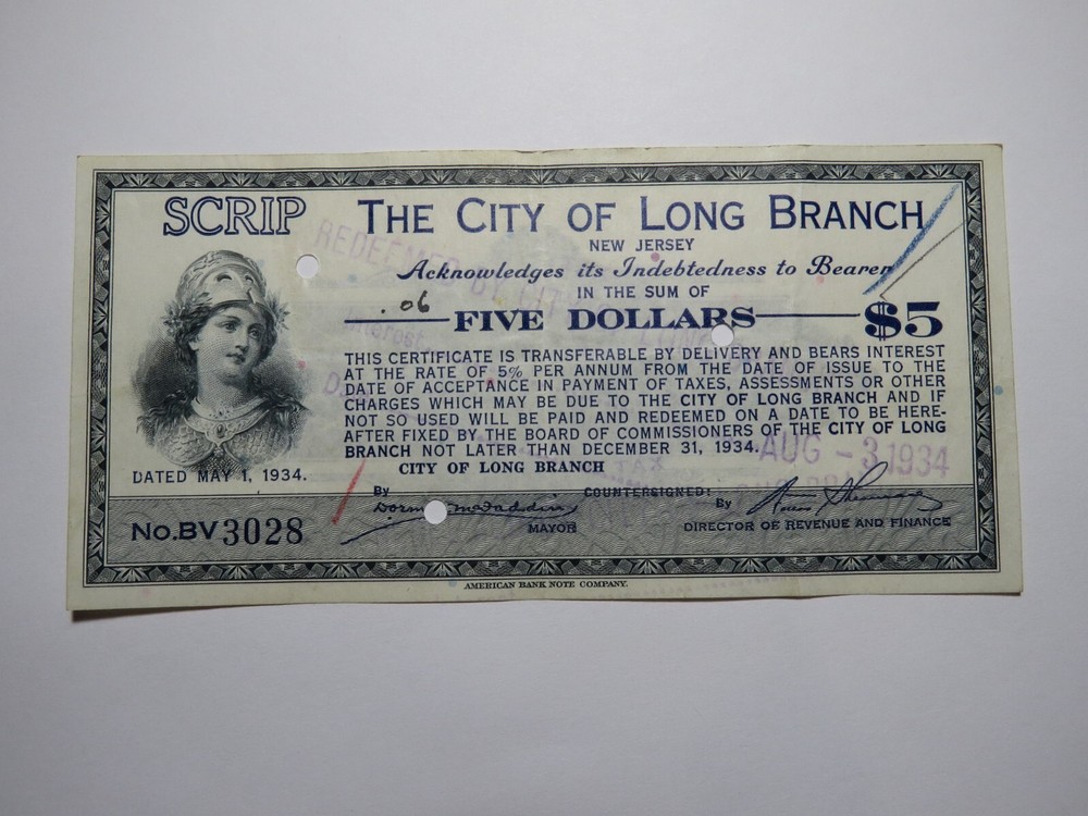 $5 1934 Long Branch New Jersey NJ Obsolete Currency Bank Note Scrip City of LB