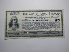 $5 1934 Long Branch New Jersey NJ Obsolete Currency Bank Note Scrip City of LB