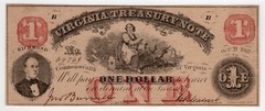 1862 $1 Virginia CR-18 Obsolete Currency, Choice About Uncirculated