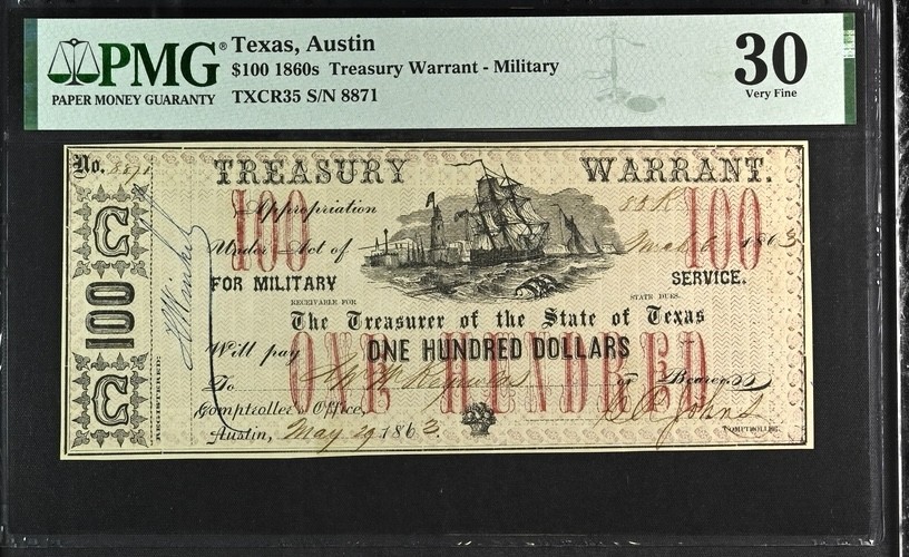 1863 $100 Texas Treasury Warrant Obsolete Paper Currency Cr TX-35 – PMG VF30