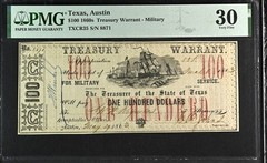 1863 $100 Texas Treasury Warrant Obsolete Paper Currency Cr TX-35 – PMG VF30