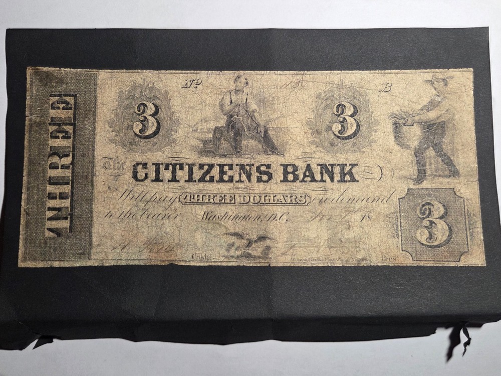 1850s $3 Citizens Bank Washington DC Obsolete Currency Note Hand Signed