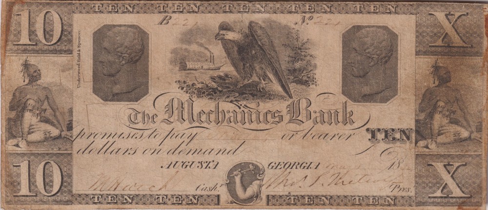 $10 Augusta Georgia Mechanics Bank Note 1856 GA Obsolete Currency Bill Money