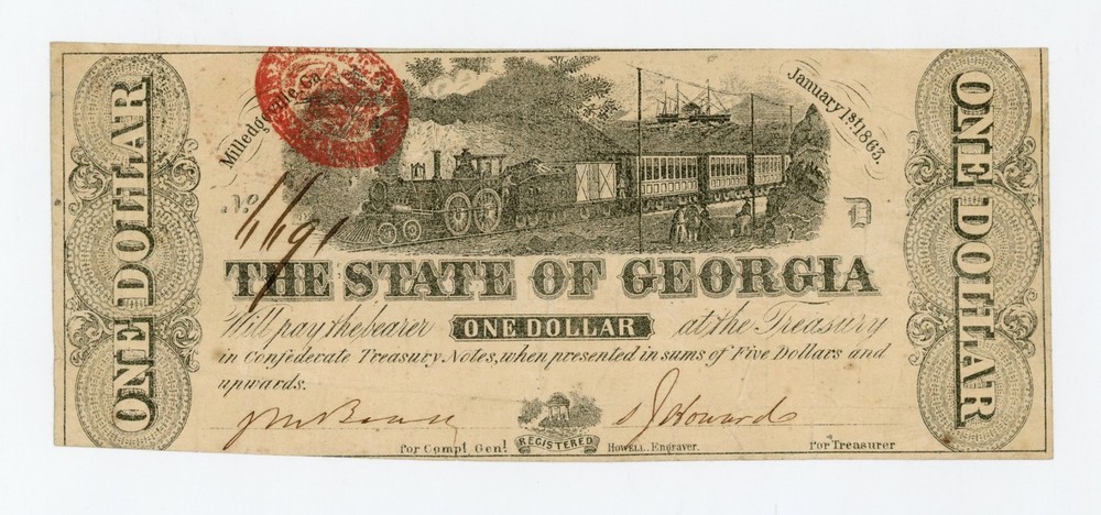 1863 Cr.12A $1 The State of GEORGIA Note – CIVIL WAR Era w/ TRAIN