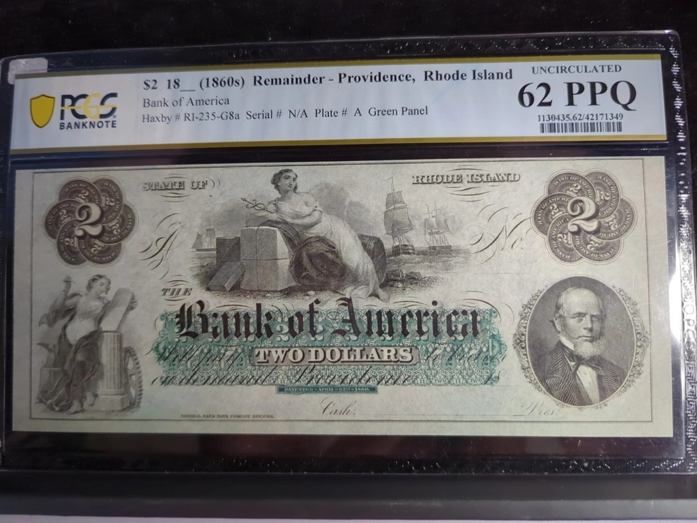 Obsolete 1860’s $2 Note Bank of America, Providence Rhode Island PCGS 62 PPQ