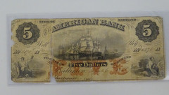 1838 American Bank State Of Maryland $5.00 Note #6398 In AGC (17521-PMB-OS)