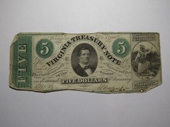 $5 1862 Richmond Virginia VA Obsolete Currency Treasury Bank Note Bill