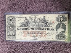 1854 Farmers Merchants Bank of Memphis Tennessee $5 Obsolete Currency Note