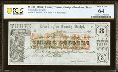 TEXAS 1860s Brenham $3 1862 Treasury Warrant Script Civil War Banknote, PCGS 64
