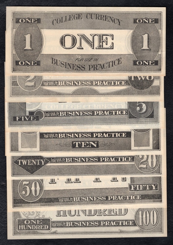 1800’s $1-$100 DENOMINATION SET COLLEGE CURRENCY BUSINESS PRACTICE NOTES
