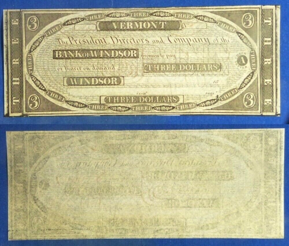 Obsolete Currency: $3 Bank of Windsor VT CU IRPM67